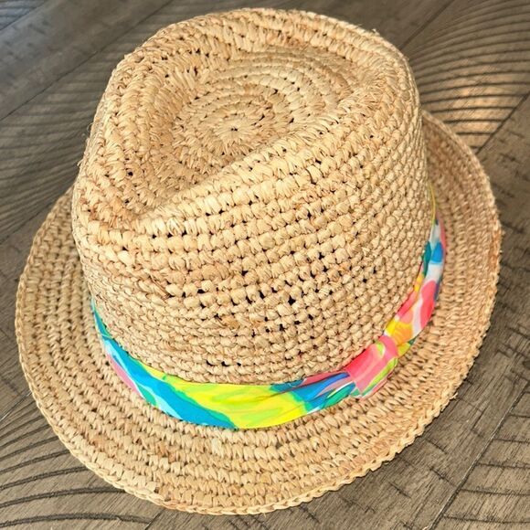 Fun 🤩 Beach 🏖️ 💯 Raffia Hat 👒 by Lilly Pulitzer neon strip along 1 1/2” brim - Picture 1 of 17